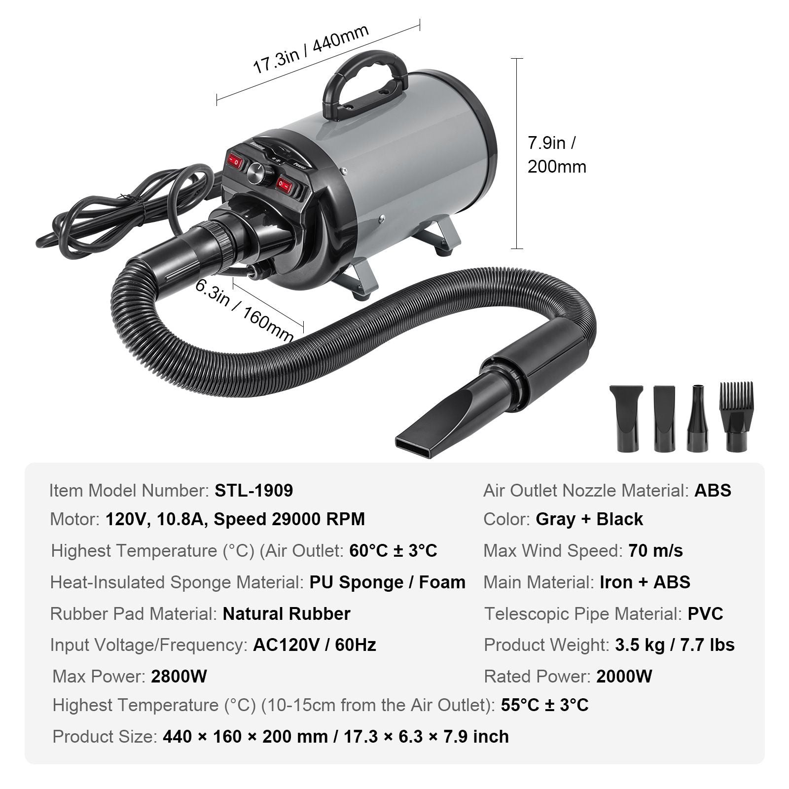 Dog Dryer, 2000W/2.7HP Dog Blow Dryer, Pet Grooming Dryer with Adjustable Speed and Temperature Control, Pet Hair Dryer with 4 Nozzles and Extendable Hose, Grey and Black