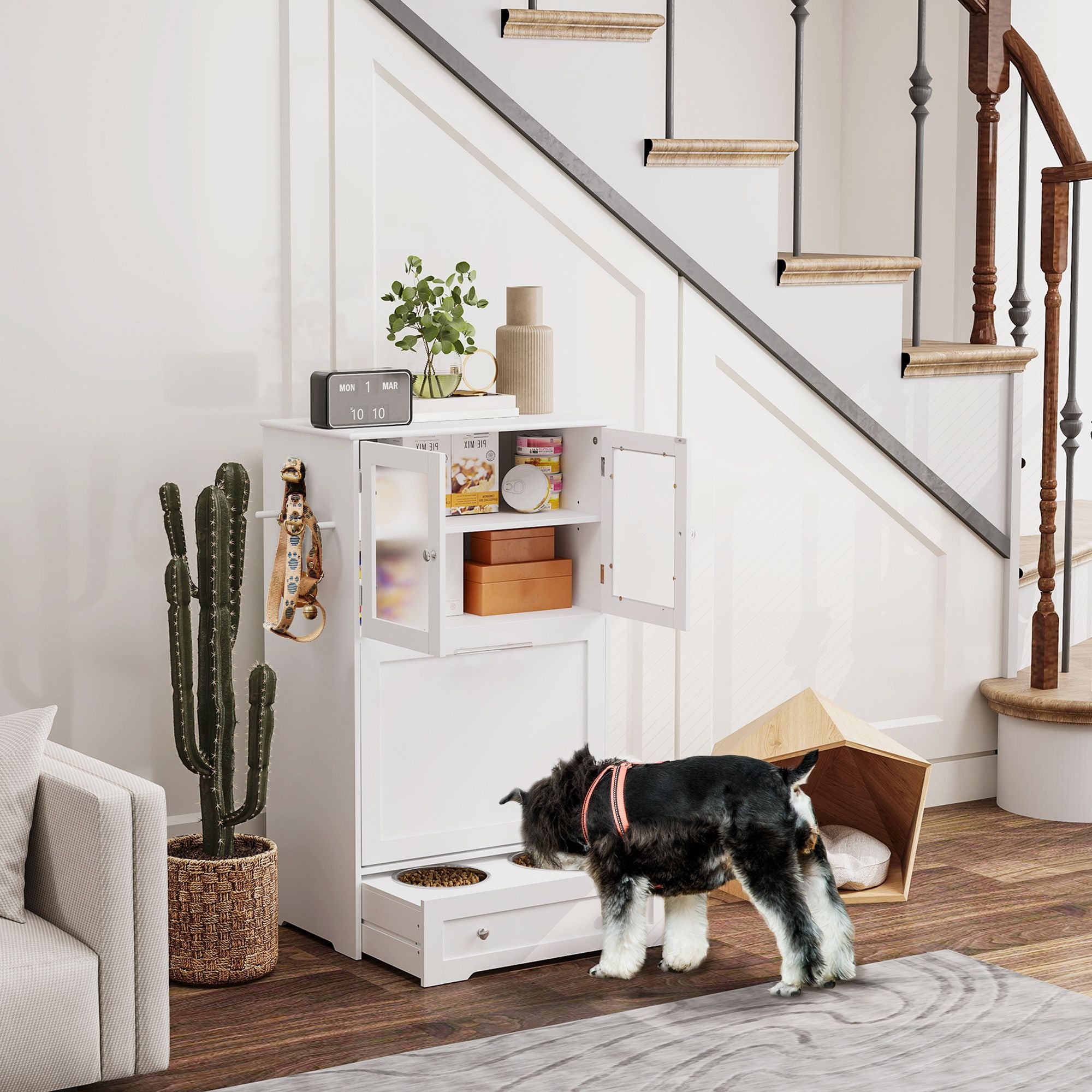Dog Feeding Station with Two Storage Cabinets, 2 Elevated Dog Bowls, Side Hooks, Anti-tip Kit, for Feeding & Watering