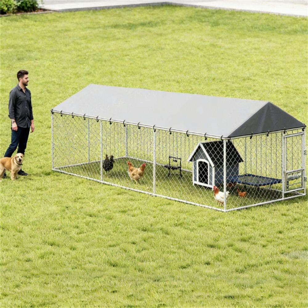 Large Outdoor Dog Kennel with Rotating Feeder and UV Canopy