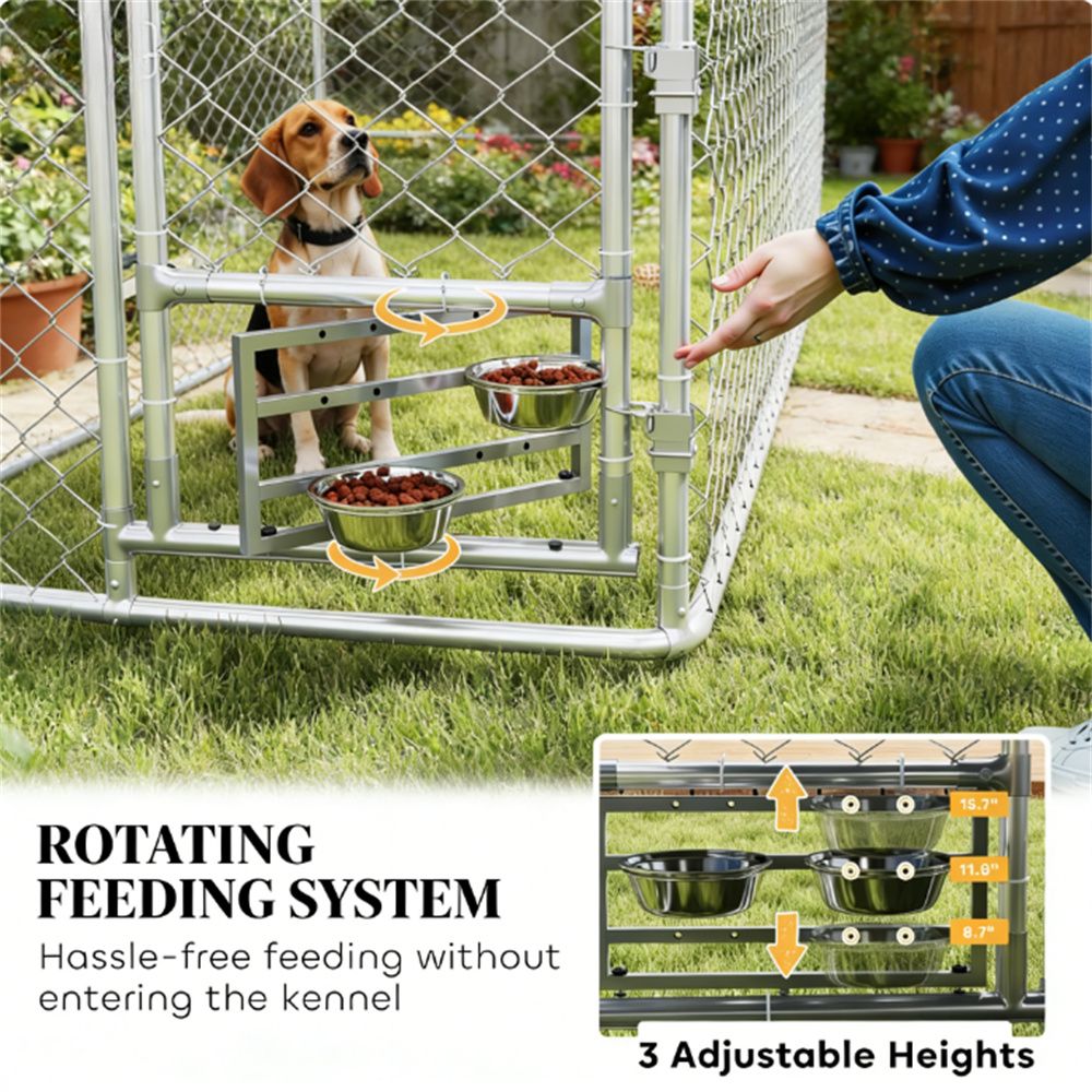 Large Outdoor Dog Kennel with Rotating Feeder and UV Canopy