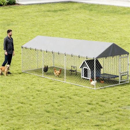 Large Outdoor Dog Kennel with Rotating Feeder and UV Canopy