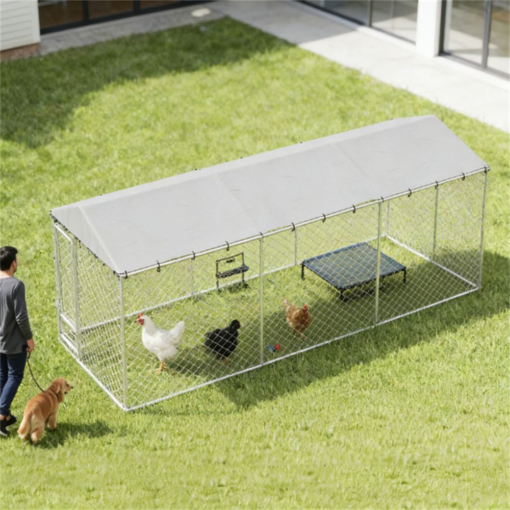 Large Outdoor Dog Kennel with Rotating Feeder and UV Canopy