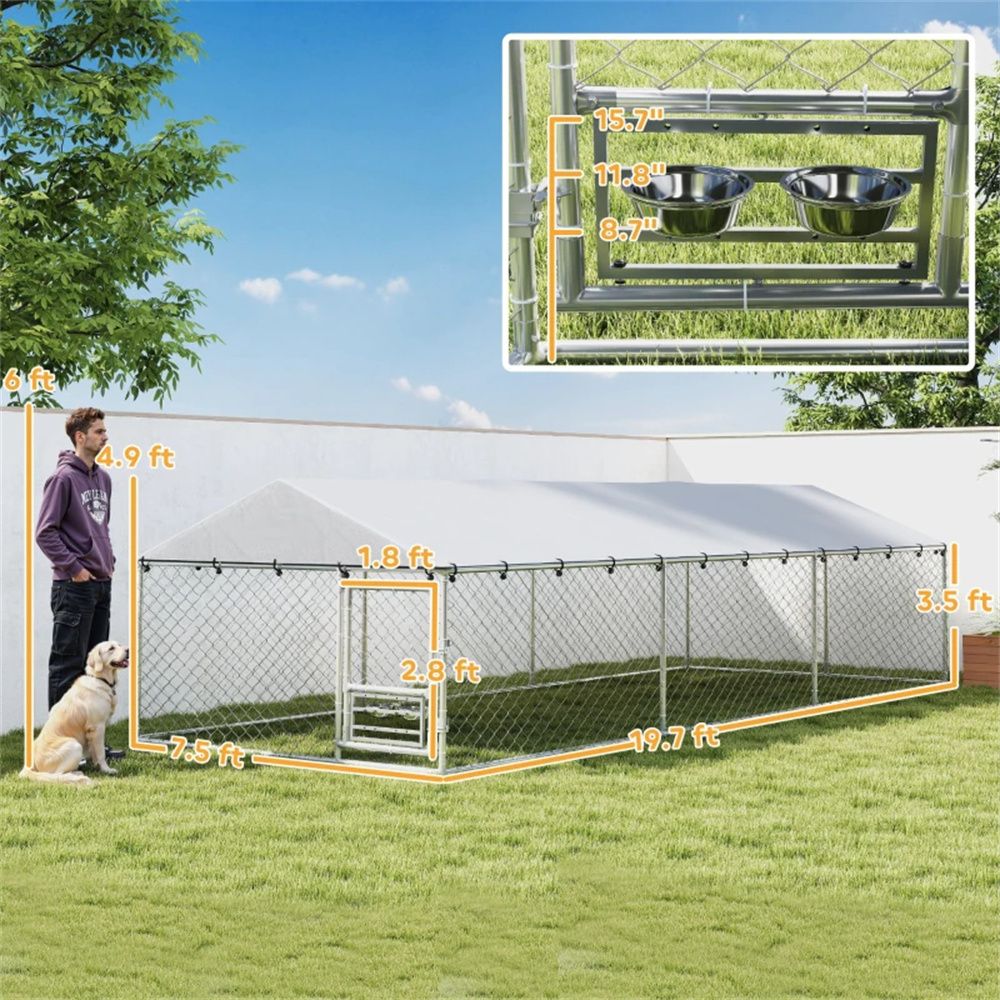 Large Outdoor Dog Kennel with Rotating Feeder and UV Canopy