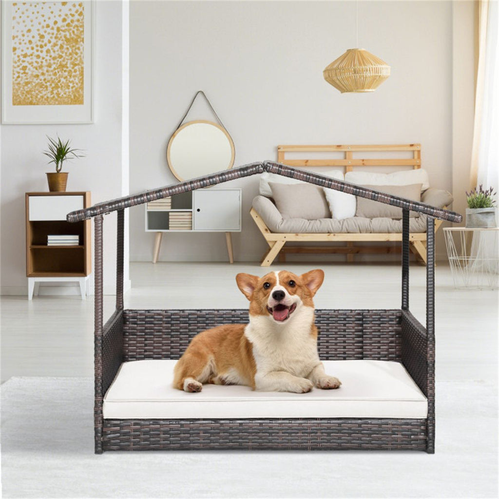 Indoor & Outdoor Wicker Dog House with Canopy and Ultra-Soft Cushion