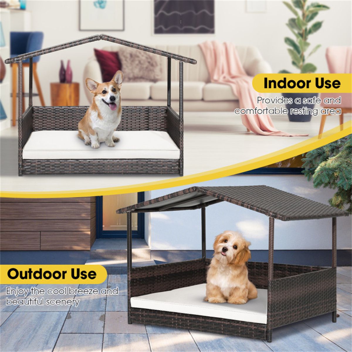 Indoor & Outdoor Wicker Dog House with Canopy and Ultra-Soft Cushion
