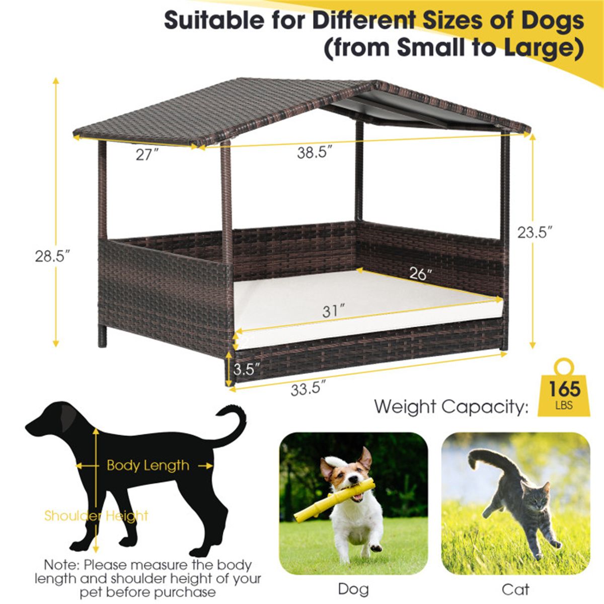 Indoor & Outdoor Wicker Dog House with Canopy and Ultra-Soft Cushion