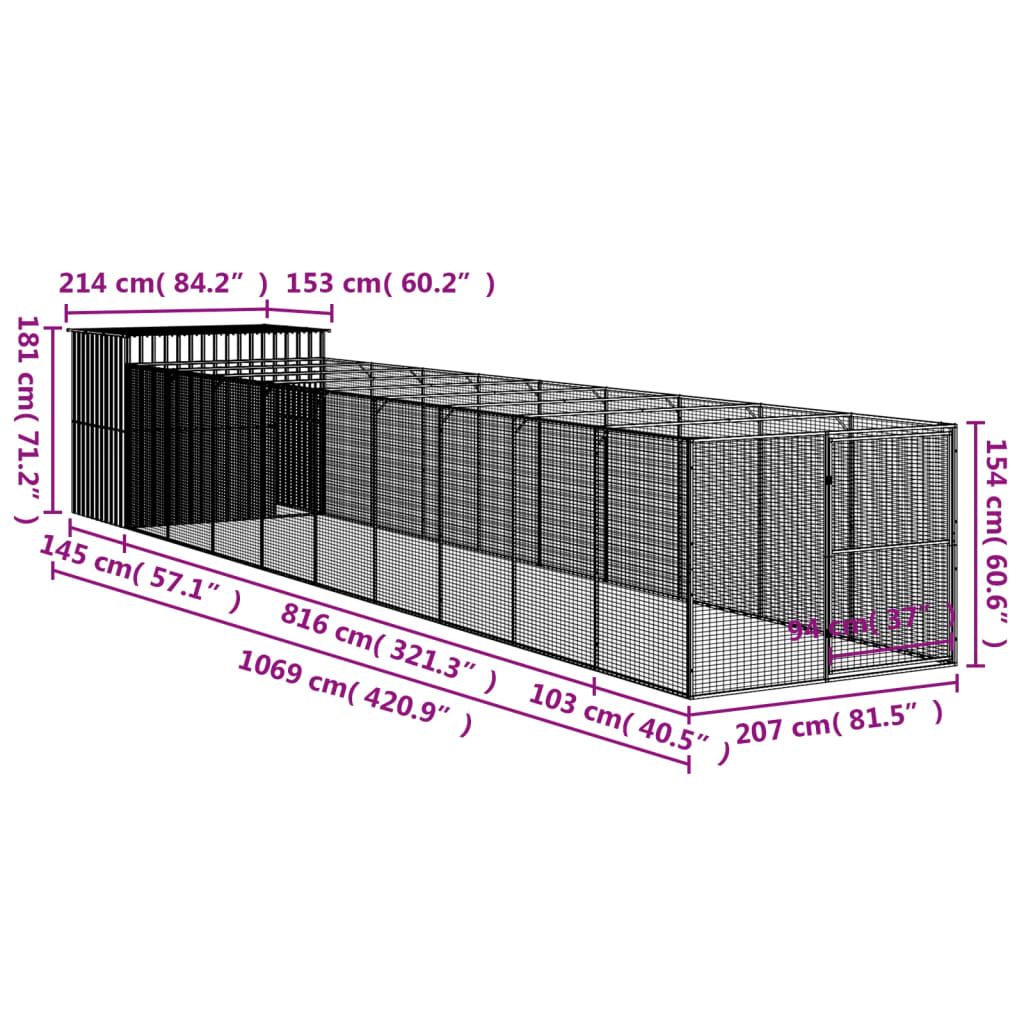 Dog House with Run Anthracite 84.3"x420.9"x71.3" Galvanized structured