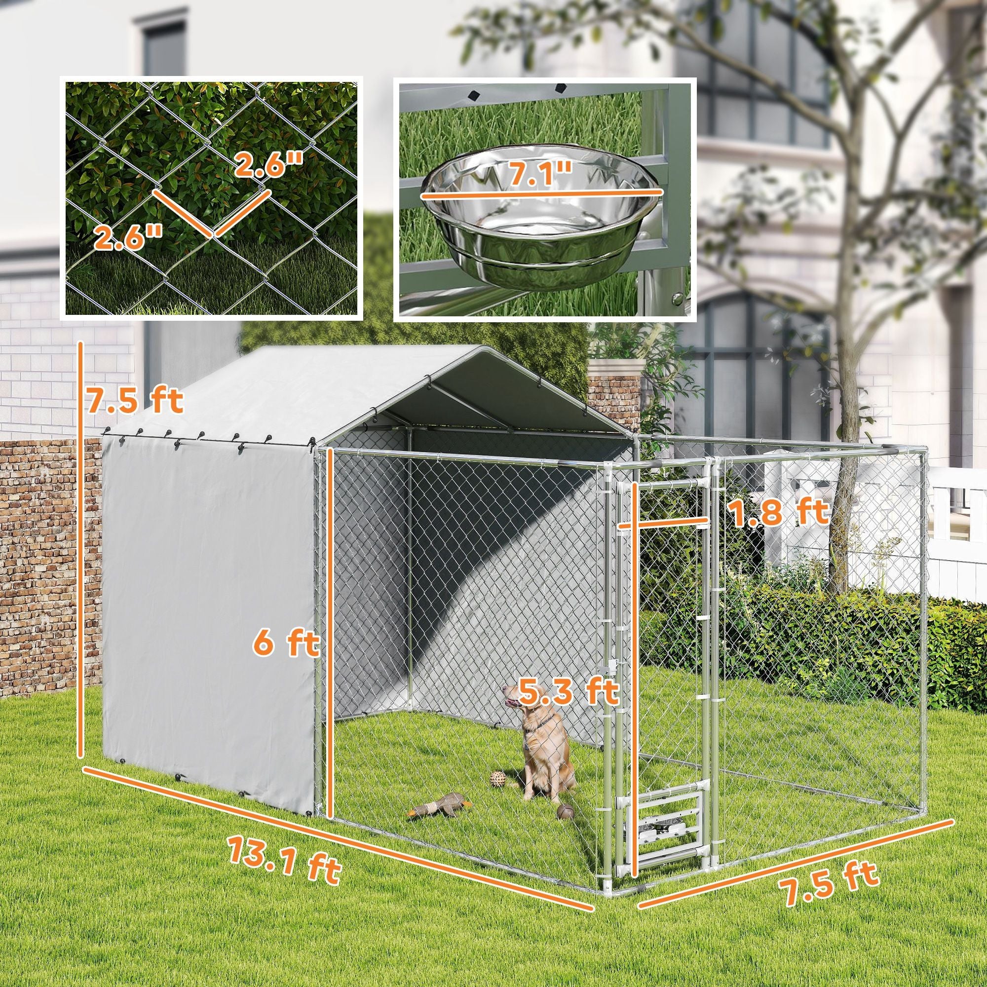 Large 99 Sq Dog Kennel with water-ready Cover & Rotating Bowls