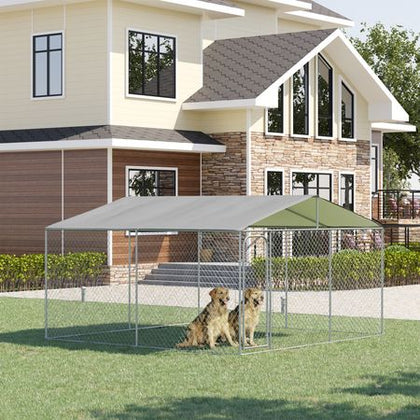 Large Outdoor Dog Kennel with Shady Canopy and Lockable Door