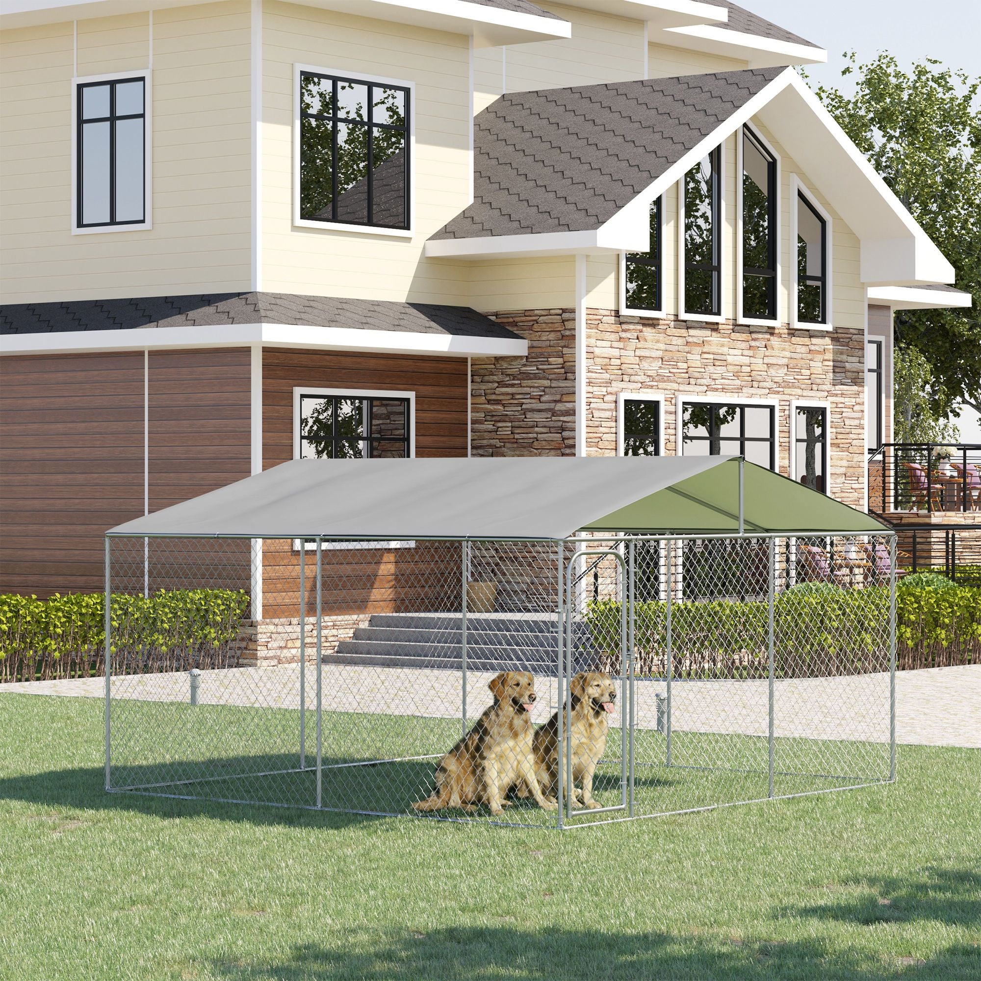 Large Outdoor Dog Kennel with Shady Canopy and Lockable Door