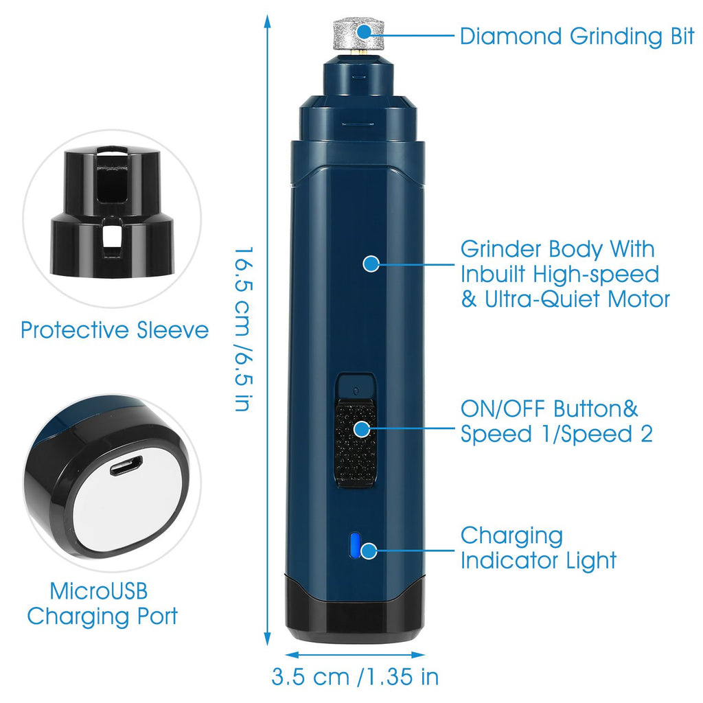 Quiet 2-Speed Dog Nail Grinder - USB Rechargeable & Cordless