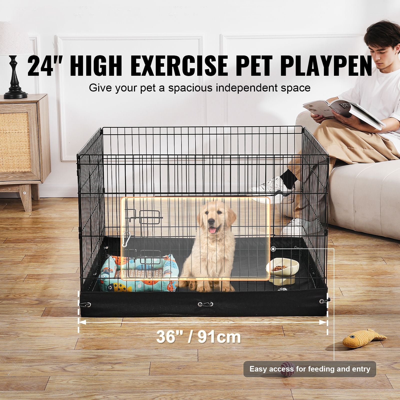 Dog Playpen, 4 Pcs 24 x 36 in Panels Foldable Metal Pet Exercise Pen, Dog Fence Indoor and Outdoor Pen with Door and 600D Oxford Fabric Bottom Pad, for Dogs, Cats and Other Small Animals
