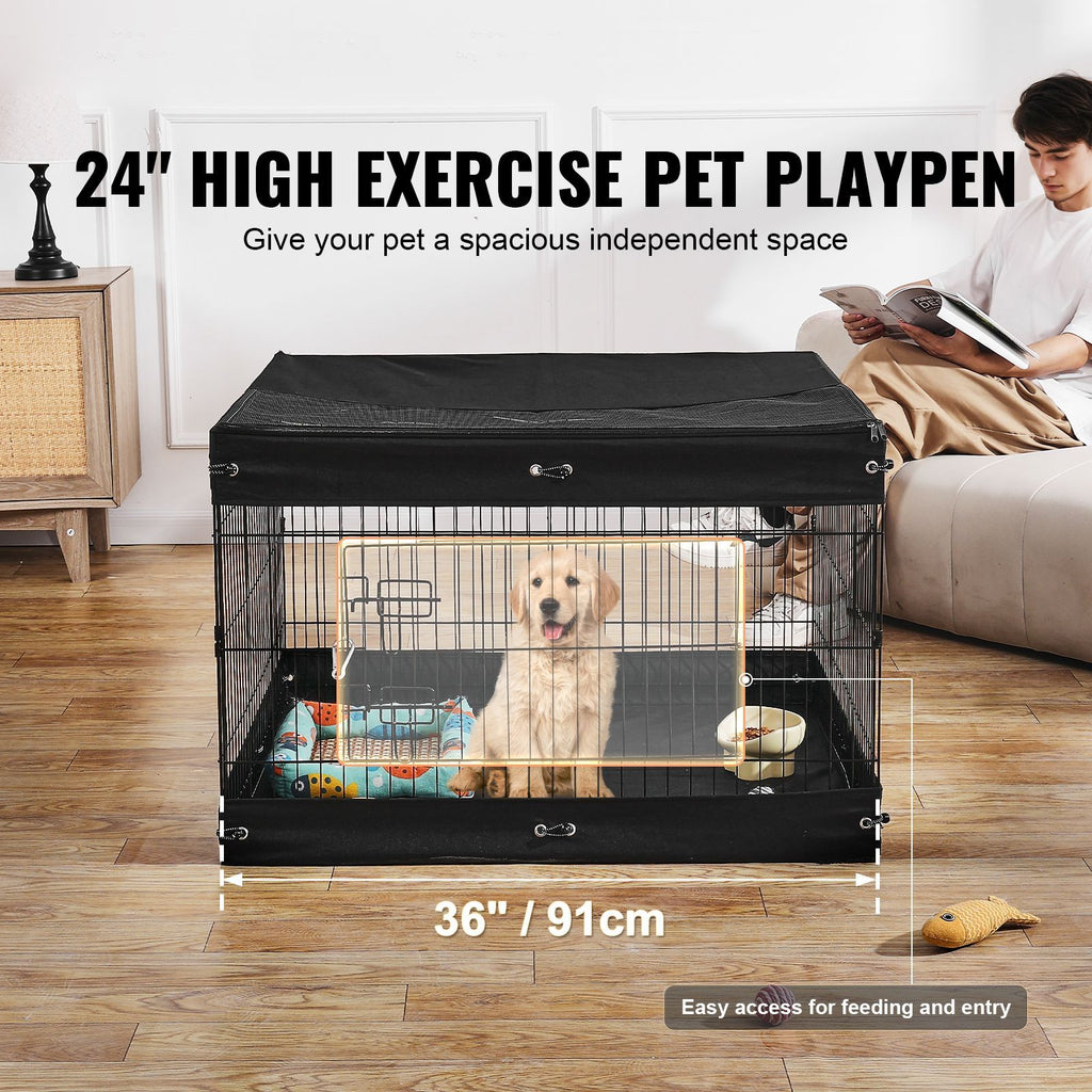 Dog Playpen, 4 Pcs 24 x 36 in Panels Foldable Metal Pet Exercise Pen, Dog Fence Indoor and Outdoor Pen with Door, Top Cover, and Bottom Pad, Pet Playpen for Dogs, Cats and Other Small Animals