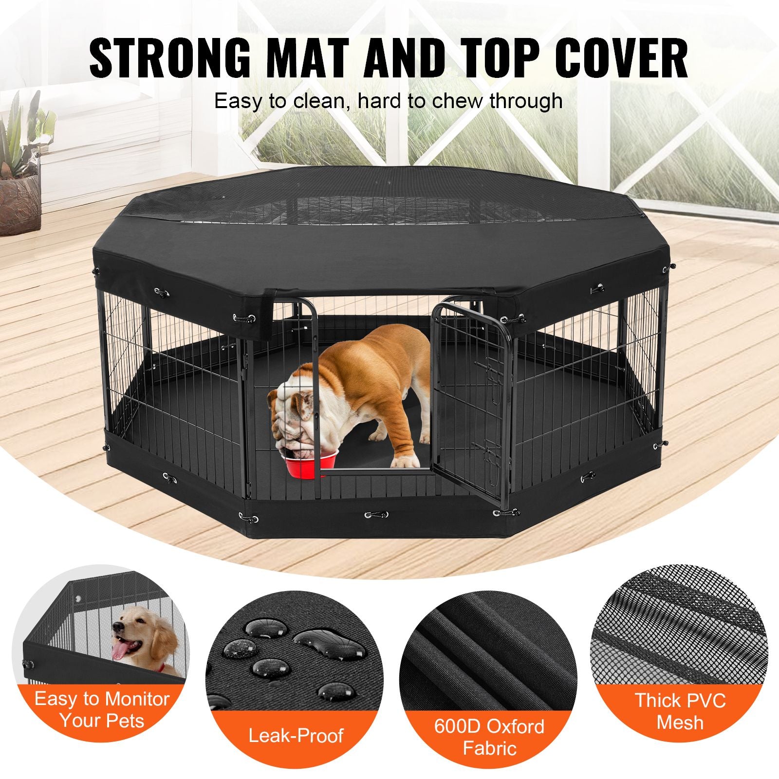Foldable structured Dog Playpen with Top Cover & Ground Mat