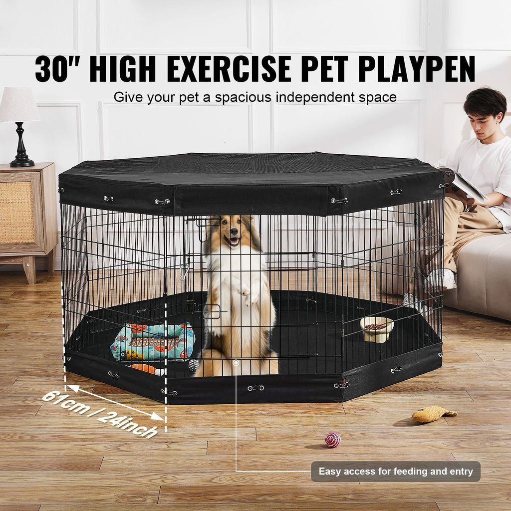 Dog Playpen, 8 Pcs 30"H x 24"W Panels Foldable Metal Pet Exercise Pen, Dog Fence Indoor and Outdoor Pen with Door, Bottom Pad and Top Cover, Pet Playpen for Dogs, Cats, Other Small Animals