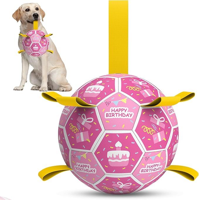 Dog , Squeaky Dogs Toys, Dog Soccer Ball with Straps, Puppy Gifts, Herding Balls with Bell Inside, Water Toy, Durable Ropes Ball for Medium Large Dogs (8 inch)