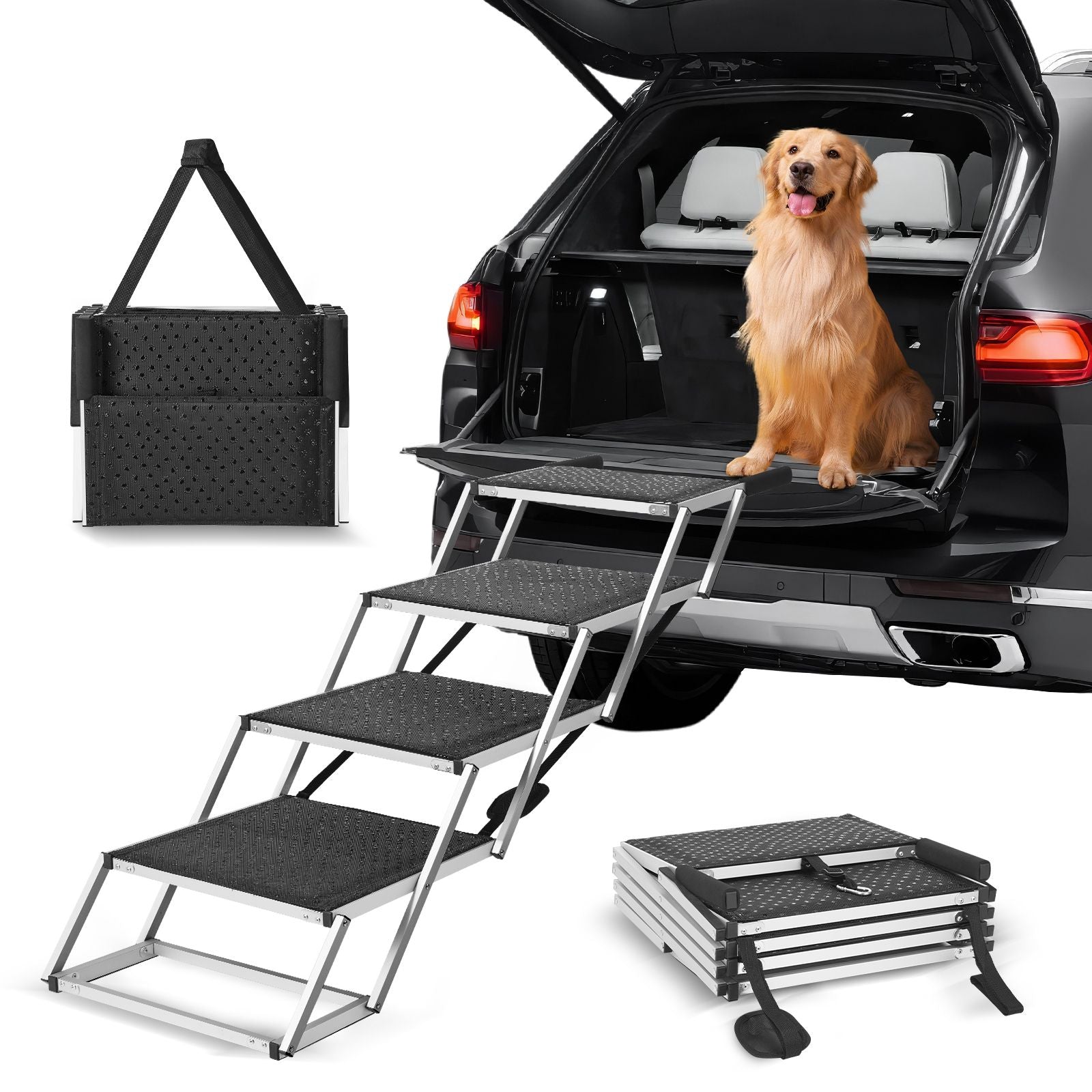 Dog Stair for Cars, Wide 4-step Dog Car Steps, Folding Dog Car Ramp with Nonslip Surface, Portable Pet Steps Lightweight Aluminum for Car, SUV and Truck, Supports up to 250 lbs