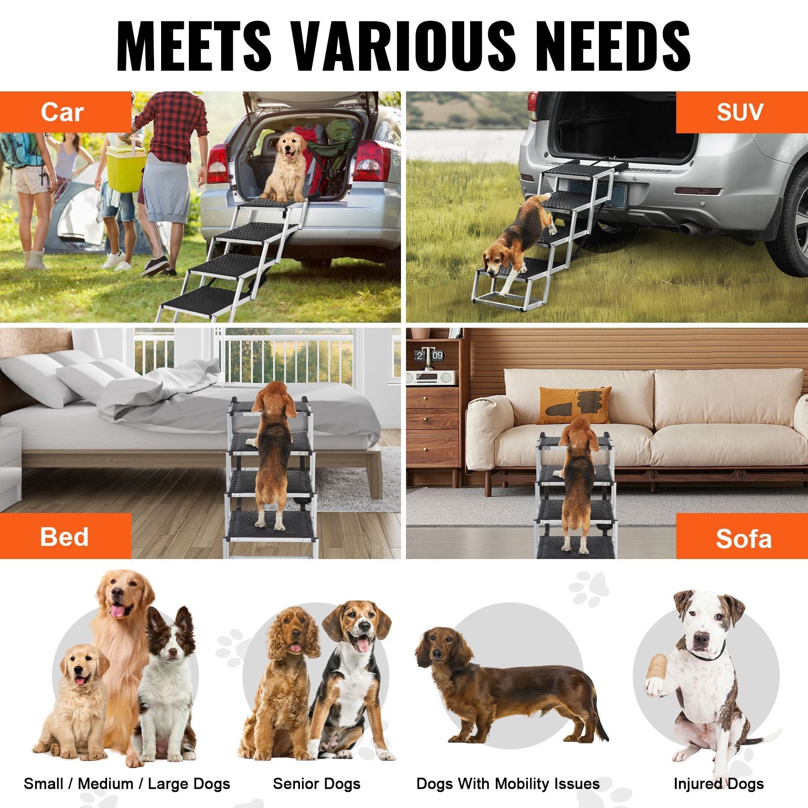 Dog Stair for Cars, Wide 4-step Dog Car Steps, Folding Dog Car Ramp with Nonslip Surface, Portable Pet Steps Lightweight Aluminum for Car, SUV and Truck, Supports up to 250 lbs