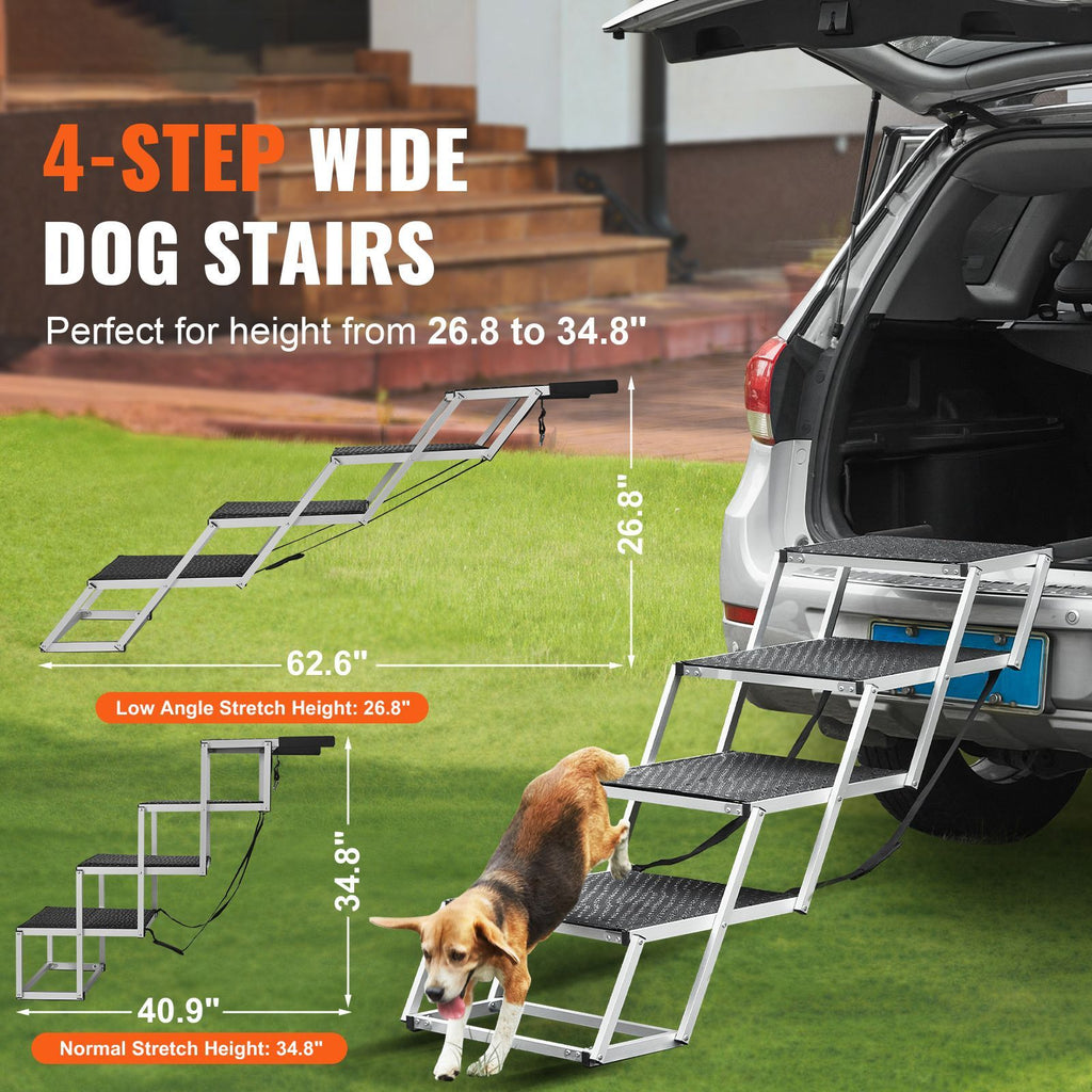 Dog Stair for Cars, Wide 4-step Dog Car Steps, Folding Dog Car Ramp with Nonslip Surface, Portable Pet Steps Lightweight Aluminum for Car, SUV and Truck, Supports up to 250 lbs