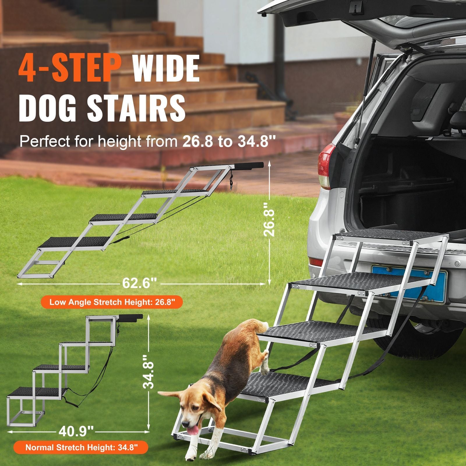Dog Stair for Cars, Wide 4-step Dog Car Steps, Folding Dog Car Ramp with Nonslip Surface, Portable Pet Steps Lightweight Aluminum for Car, SUV and Truck, Supports up to 250 lbs