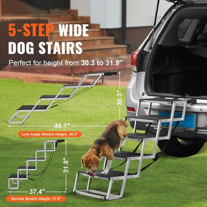 Dog Stair for Cars, Wide 5-step Dog Car Steps, Folding Dog Car Ramp with Nonslip Surface, Portable Pet Steps Lightweight Aluminum for Car, SUV and Truck, Supports up to 150 lbs