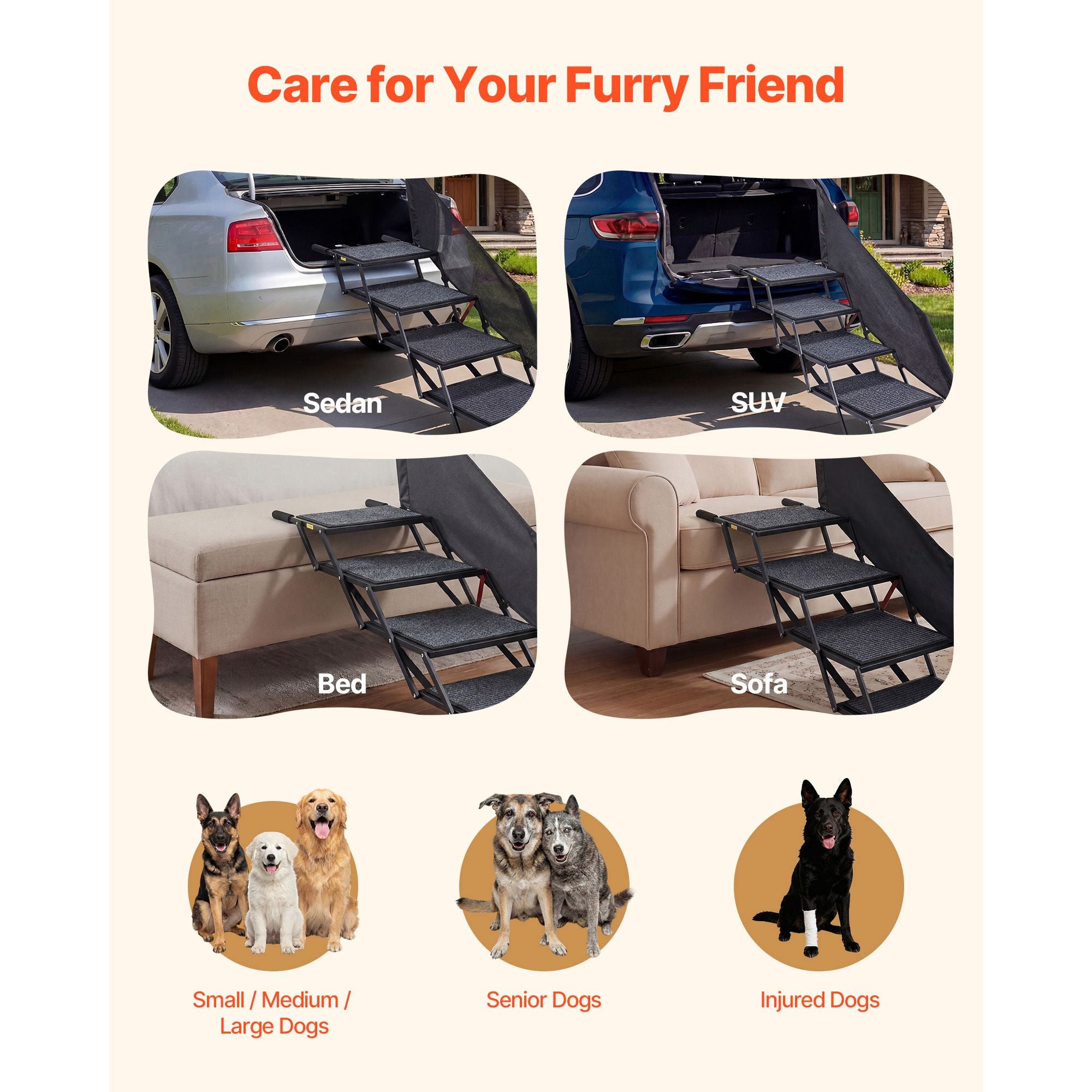 Dog Stairs for Car, 4 Steps Extra Wide Foldable Dog Ramp for Large Dogs with Non-Slip Rug Surface, Portable Lightweight Pet Ladder for Car, SUV, Truck, High Beds, Sofas, Support up to 400 lbs
