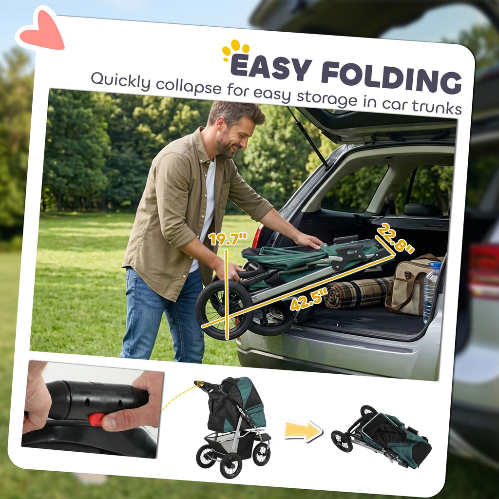 Dog Stroller, Foldable Dog Stroller with 12" Rubber Wheels for Small Dogs, Up to 22 LBS, Dark Green