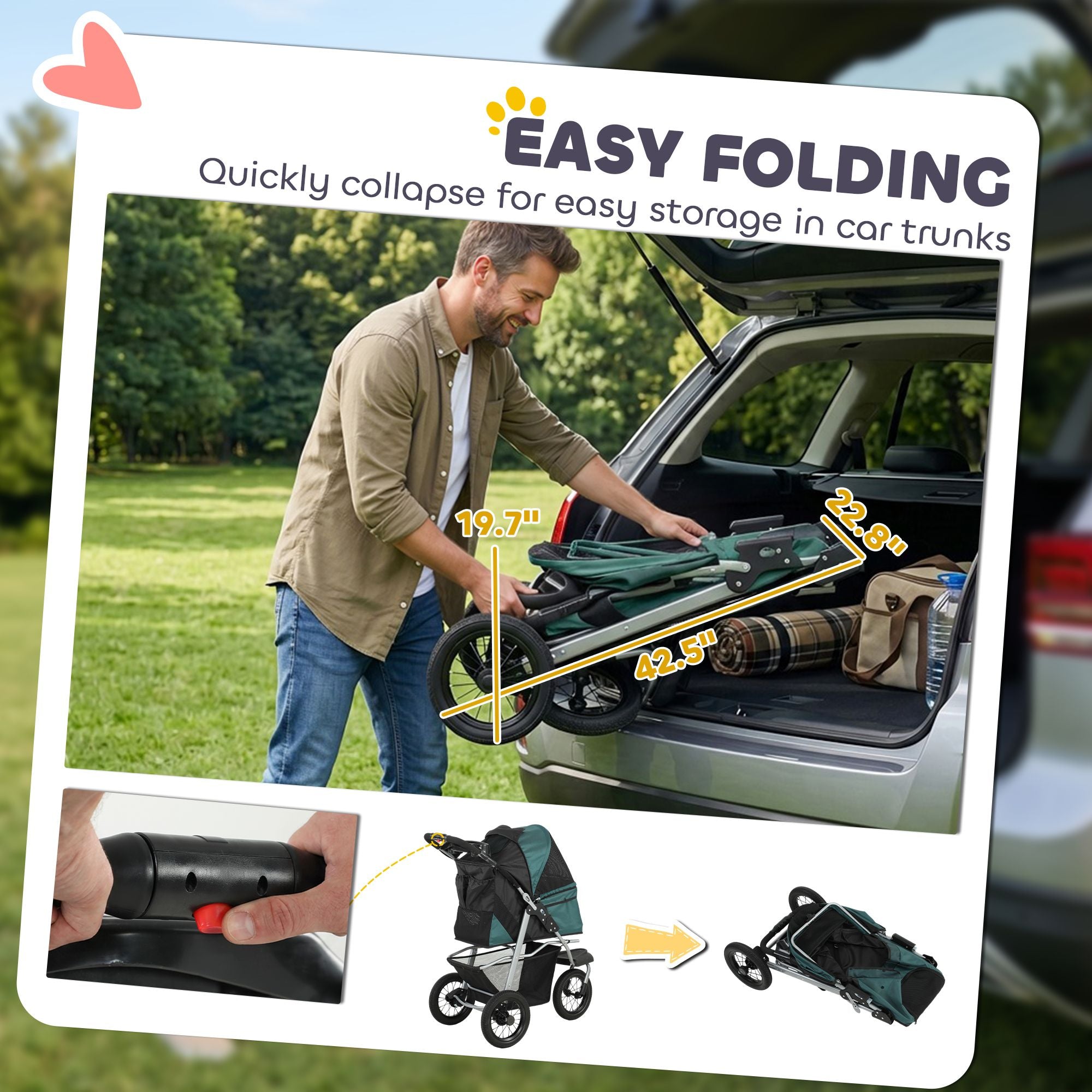 Dog Stroller, Foldable Dog Stroller with 12" Rubber Wheels for Small Dogs, Up to 22 LBS, Dark Green