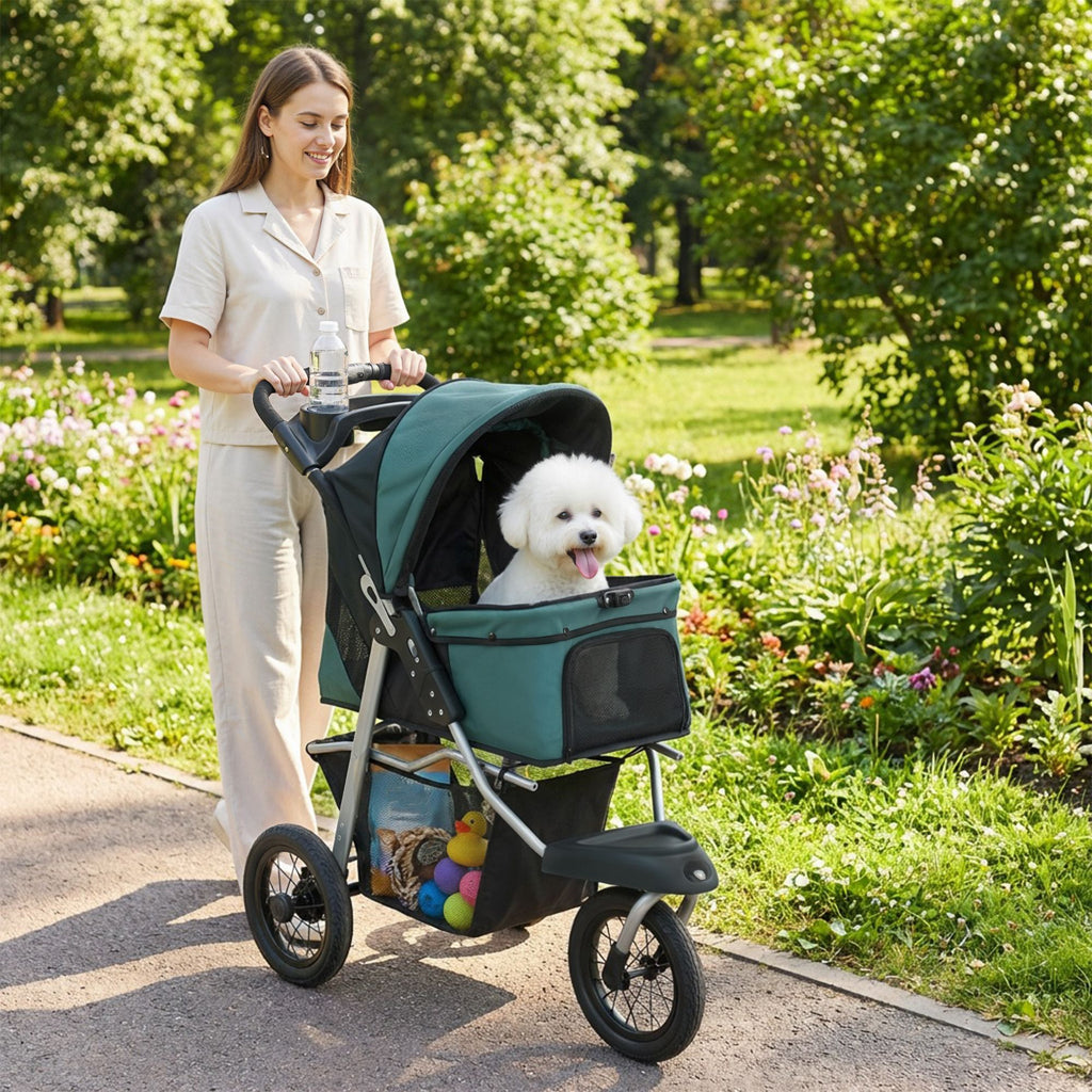 Dog Stroller, Foldable Dog Stroller with 12" Rubber Wheels for Small Dogs, Up to 22 LBS, Dark Green