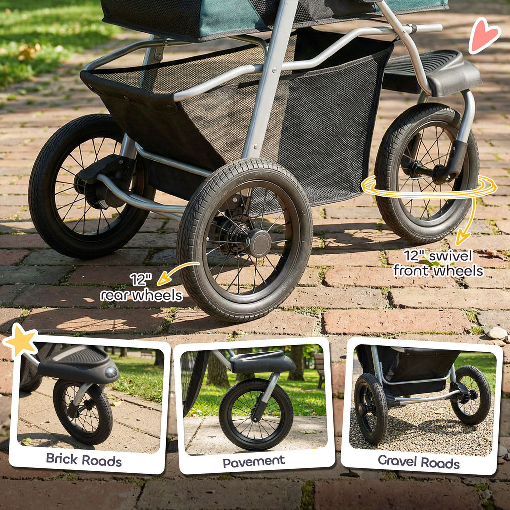 Dog Stroller, Foldable Dog Stroller with 12" Rubber Wheels for Small Dogs, Up to 22 LBS, Dark Green