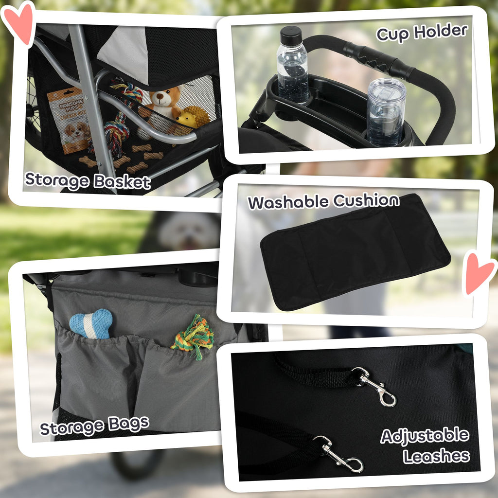 Dog Stroller, Foldable Dog Stroller with 12" Rubber Wheels for Small Dogs, Up to 22 LBS, Light Gray