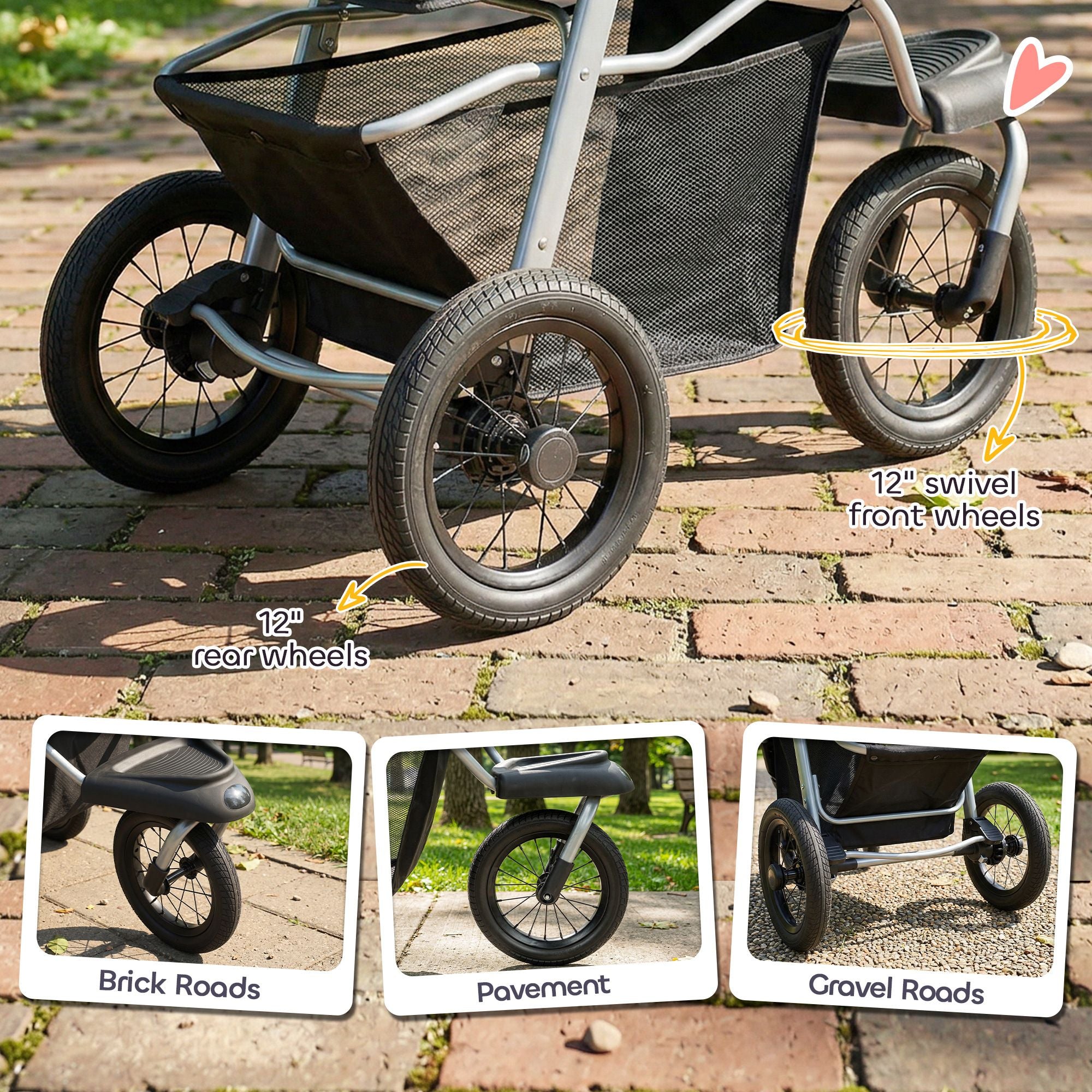 Dog Stroller, Foldable Dog Stroller with 12" Rubber Wheels for Small Dogs, Up to 22 LBS, Light Gray