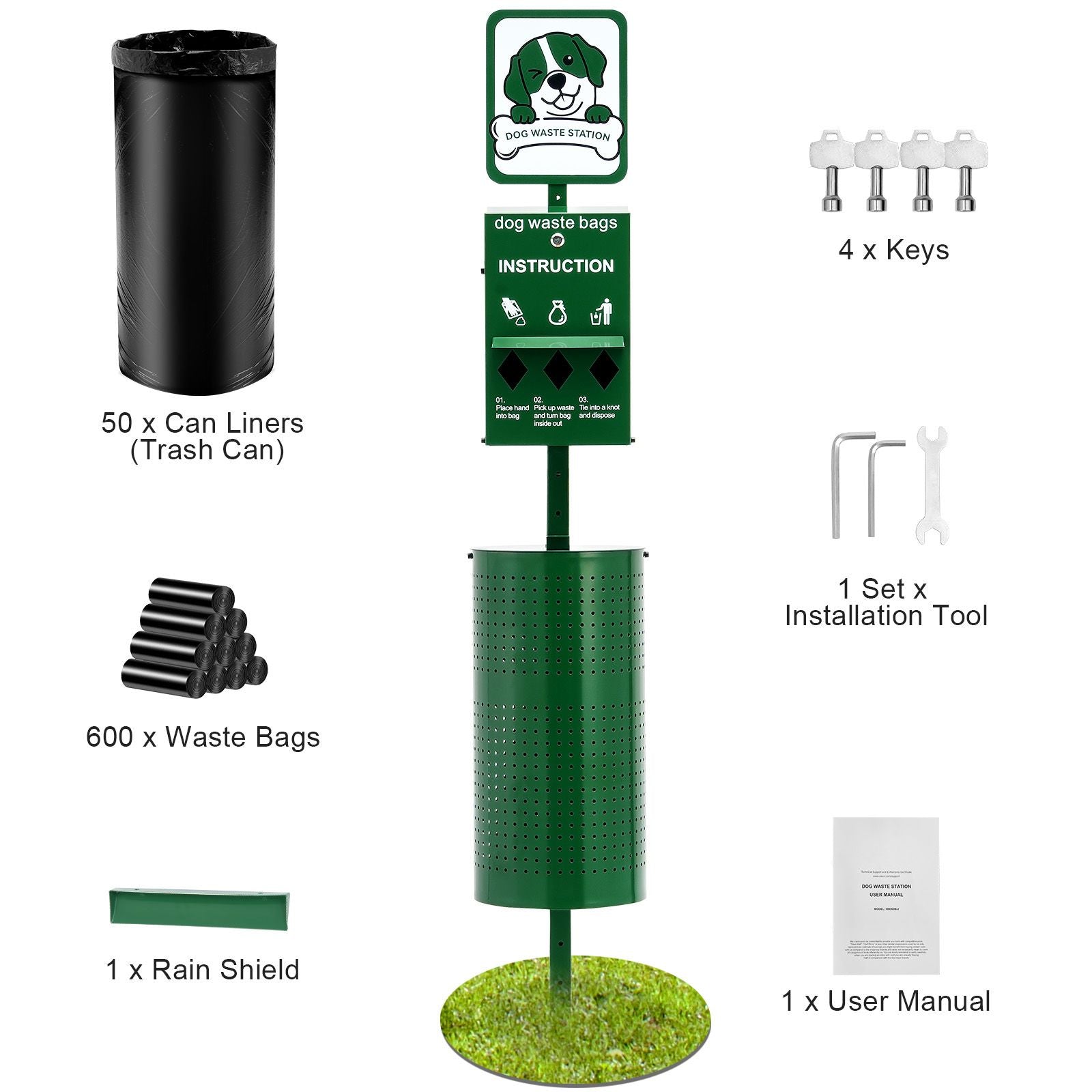Dog Waste Station, Commercial Dog Poop Station, 11.5 Gallons Pet Waste Bin with 50 Can Liners, Bag Dispenser & 600 Waste Bags, Outdoor Dog Waste Disposal System for Backyard
