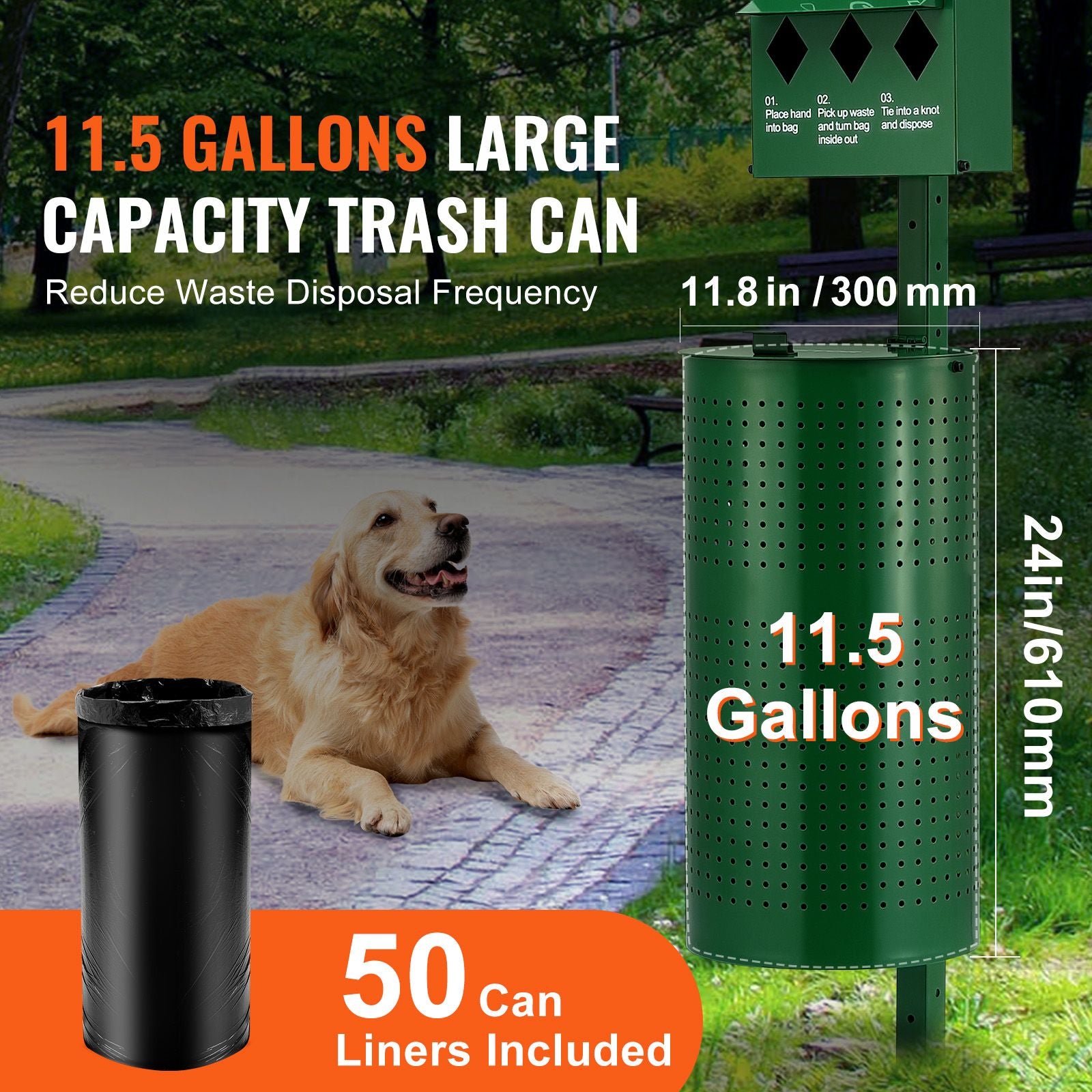 Dog Waste Station with Hand Wash Bottle, Commercial Dog Poop Station, 11.5 Gallons Pet Waste Bin with 50 Can Liners, Bag Dispenser & 600 Waste Bags, Outdoor Dog Waste Disposal System