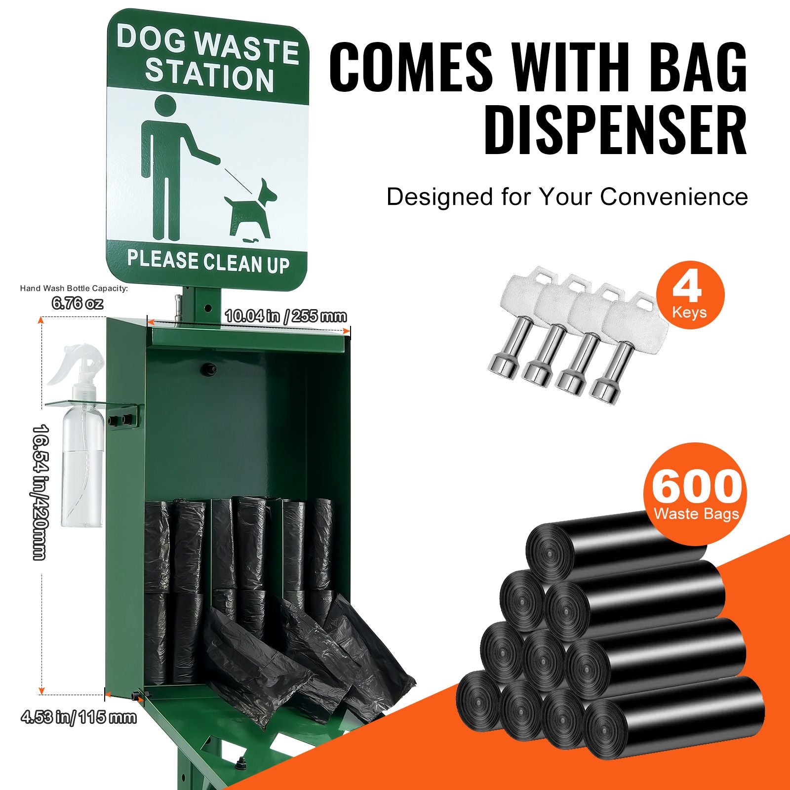 Dog Waste Station with Hand Wash Bottle, Commercial Dog Poop Station, 11.5 Gallons Pet Waste Bin with 50 Can Liners, Bag Dispenser & 600 Waste Bags, Outdoor Dog Waste Disposal System