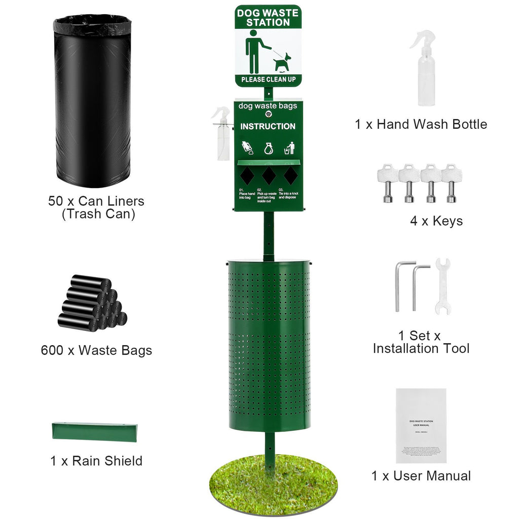 Dog Waste Station with Hand Wash Bottle, Commercial Dog Poop Station, 11.5 Gallons Pet Waste Bin with 50 Can Liners, Bag Dispenser & 600 Waste Bags, Outdoor Dog Waste Disposal System