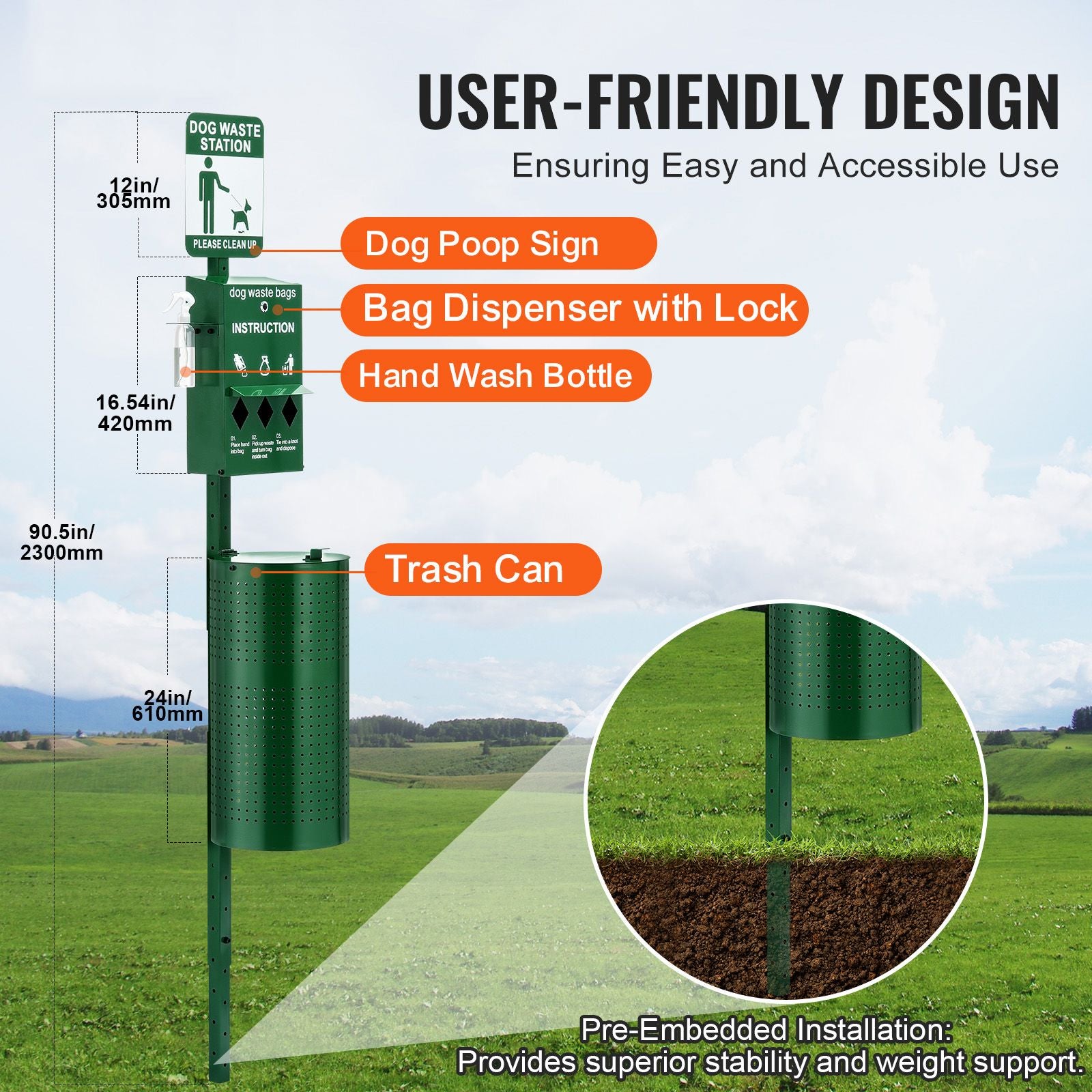 Dog Waste Station with Hand Wash Bottle, Commercial Dog Poop Station, 11.5 Gallons Pet Waste Bin with 50 Can Liners, Bag Dispenser & 600 Waste Bags, Outdoor Dog Waste Disposal System