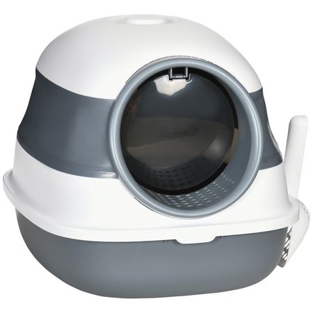 Dome Covered Cat Litter Box, Sleek Design with Lid, White and Gray – image 1