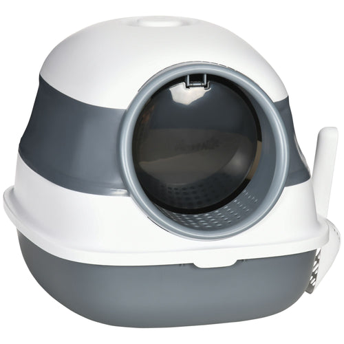 Dome Covered Cat Litter Box, Sleek Design with Lid, White and Gray – image 2