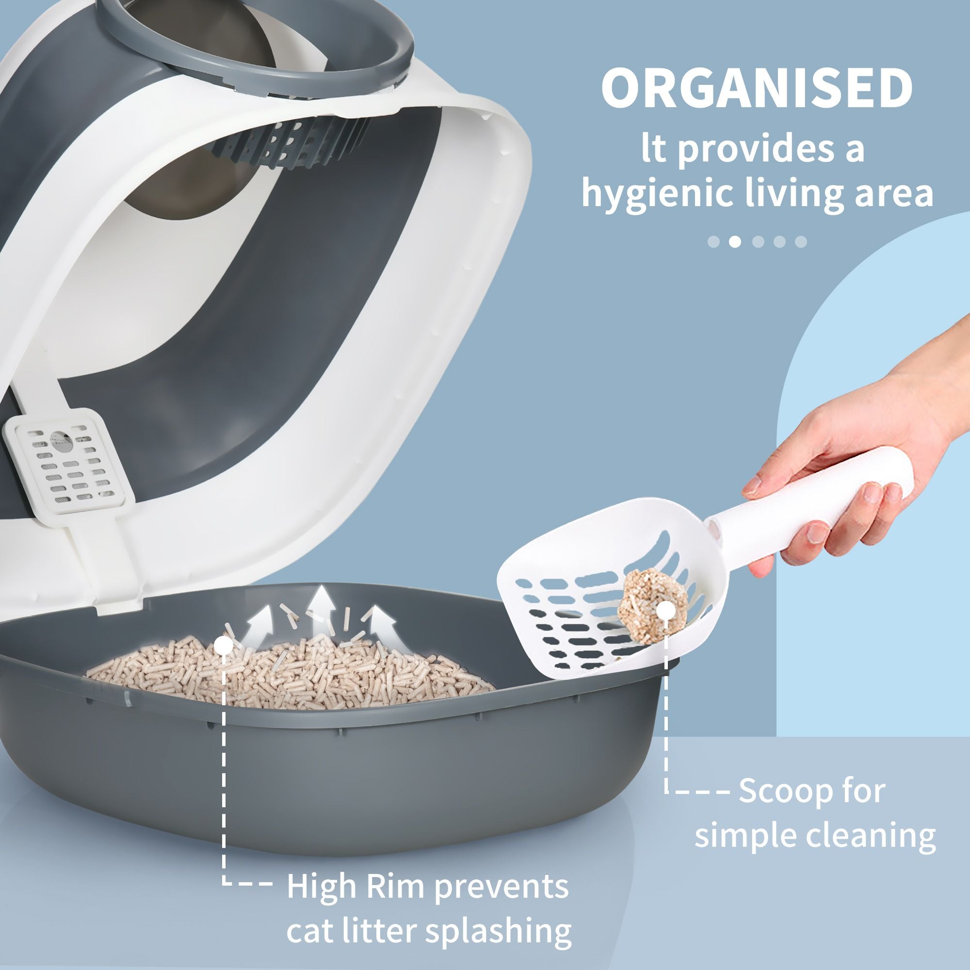 Dome Covered Cat Litter Box, Sleek Design with Lid, White and Gray