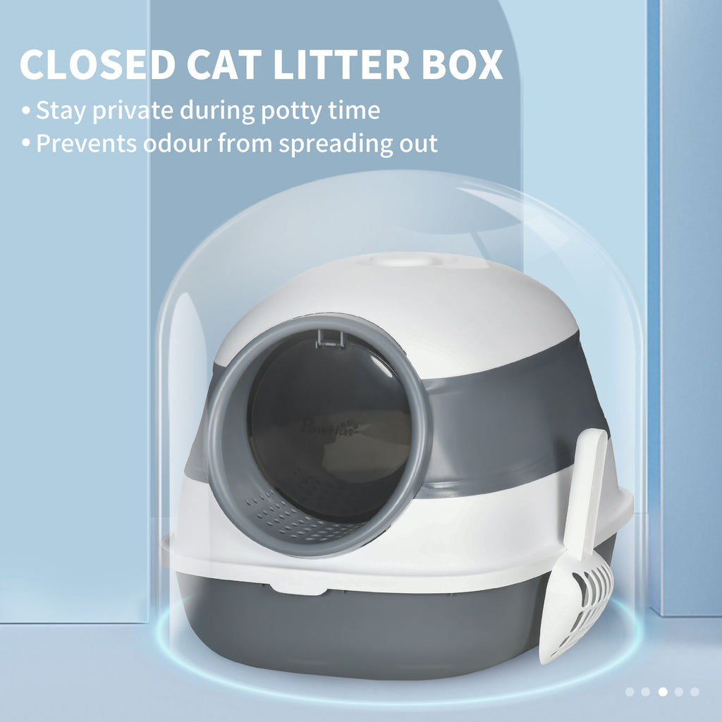 Dome Covered Cat Litter Box, Sleek Design with Lid, White and Gray