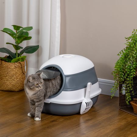 Dome Covered Cat Litter Box with Lid, White and Gray – image 1