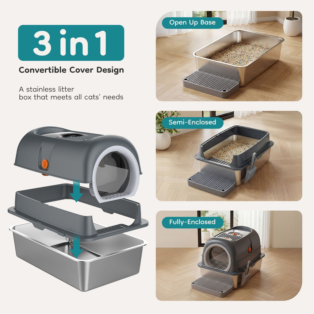 Double-entry convertible lid cat litter box