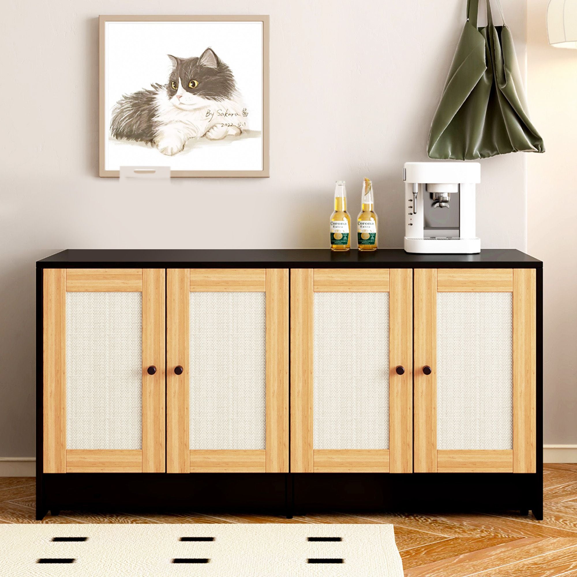 Double Litter Box Enclosure,Cat Litter Box Enclosure for 2 Cats, Hidden Litter Box Furniture with Rattan Doors, 47" L x 19.8" W x 21.8" H,Black