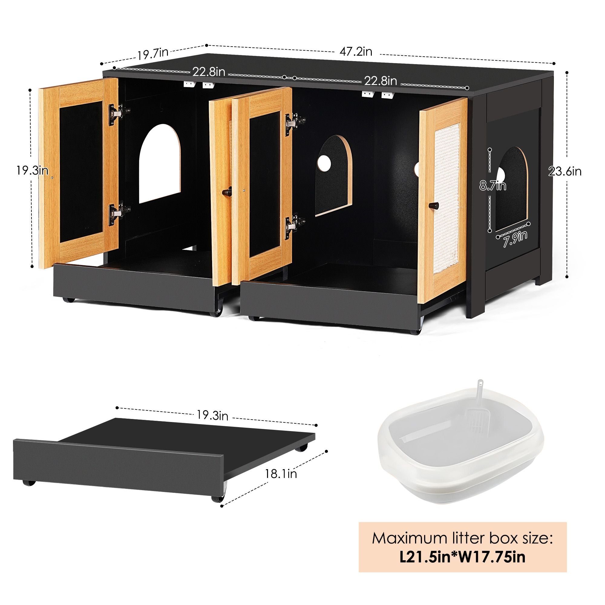 Double Litter Box Enclosure,Cat Litter Box Enclosure for 2 Cats, Hidden Litter Box Furniture with Rattan Doors, 47" L x 19.8" W x 21.8" H,Black