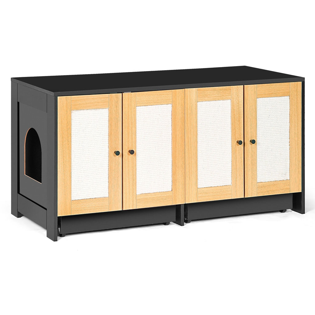 Double Litter Box Enclosure,Cat Litter Box Enclosure for 2 Cats, Hidden Litter Box Furniture with Rattan Doors, 47" L x 19.8" W x 21.8" H,Black