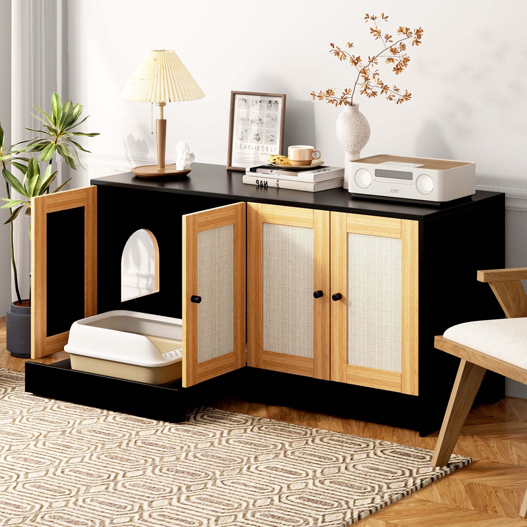 Double Litter Box Enclosure,Cat Litter Box Enclosure for 2 Cats, Hidden Litter Box Furniture with Rattan Doors, 47" L x 19.8" W x 21.8" H,Black