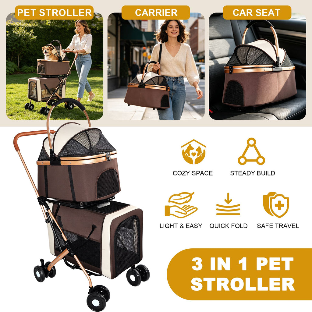 Double Pet Stroller for Small Medium Dogs Cats, 3-in-1 Convertible Carrier Tote, Foldable Frame Shoc