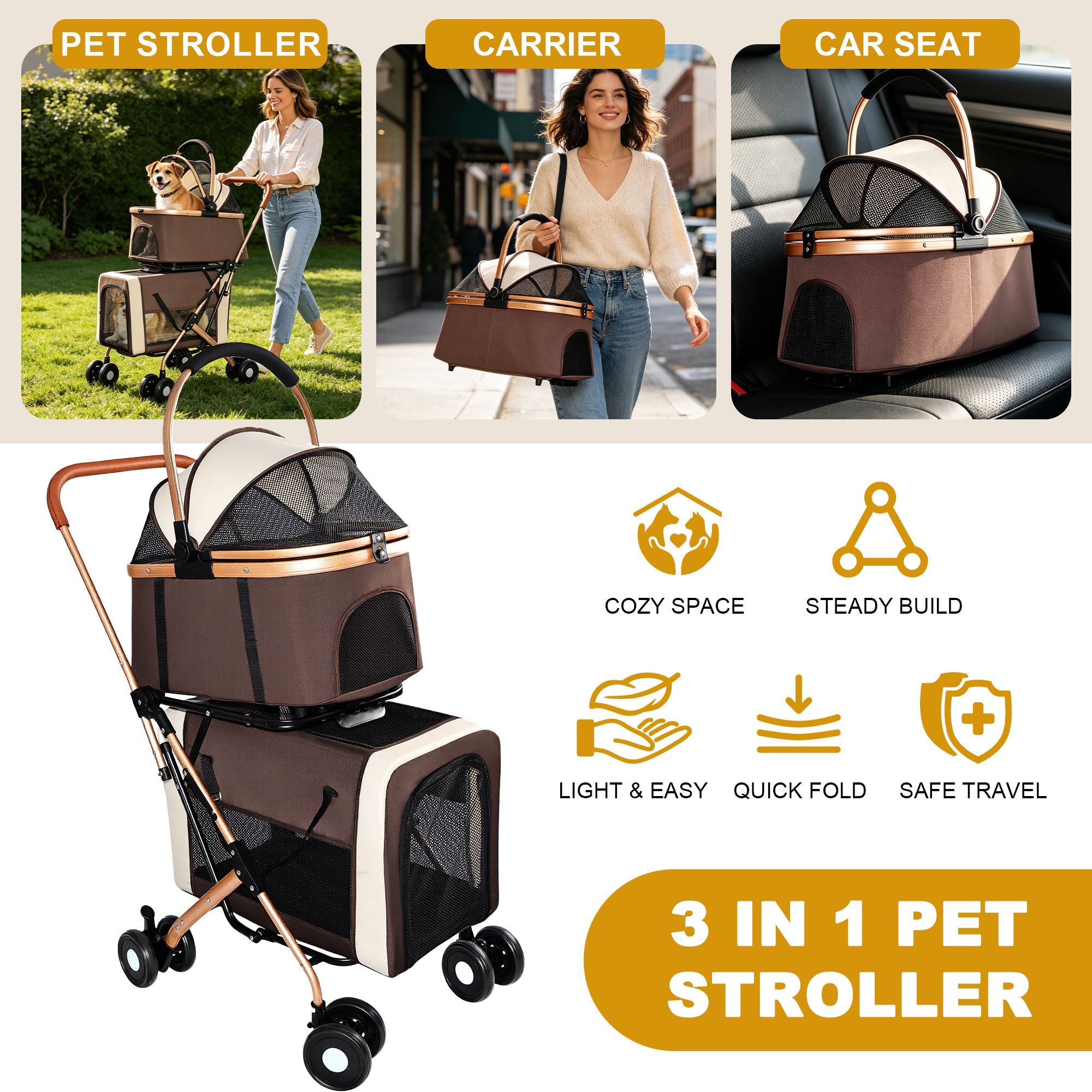 Double Pet Stroller for Small Medium Dogs Cats, 3-in-1 Convertible Carrier Tote, Foldable Frame Shoc
