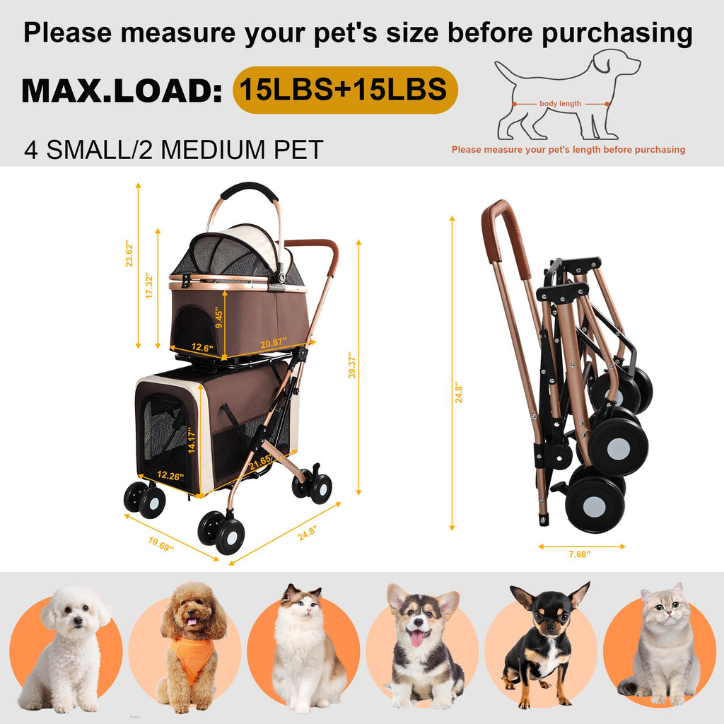 Double Pet Stroller for Small Medium Dogs Cats, 3-in-1 Convertible Carrier Tote, Foldable Frame Shoc